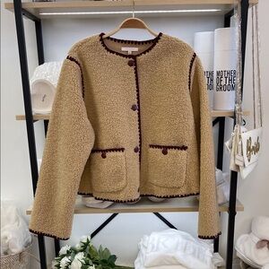 Skies Are Blue Beige Teddy Jacket with Burgundy Trim